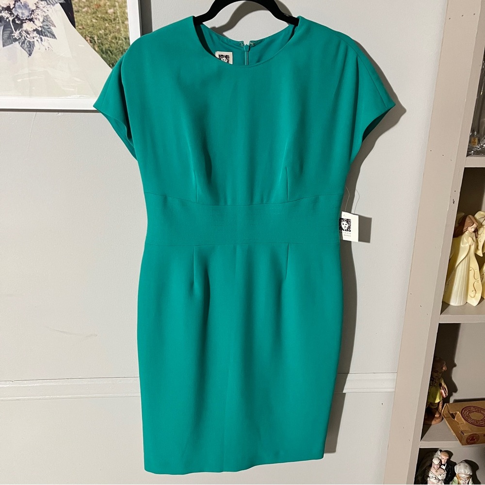 Anne Klein dress jade sz 8 pencil sheath dress short sleeve lined boat neck zip